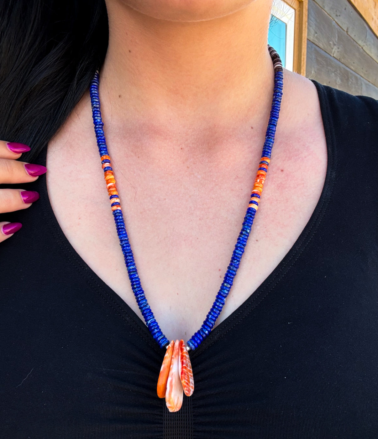 Lapis And Orange Spiny Heishi Necklace