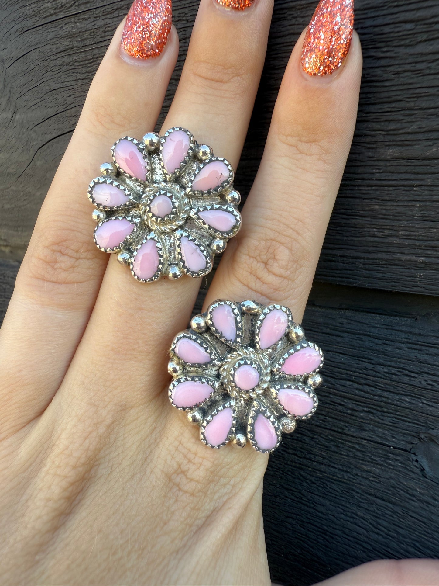 Nicole Yazzie Adjustable Pink Conch Cluster Rings