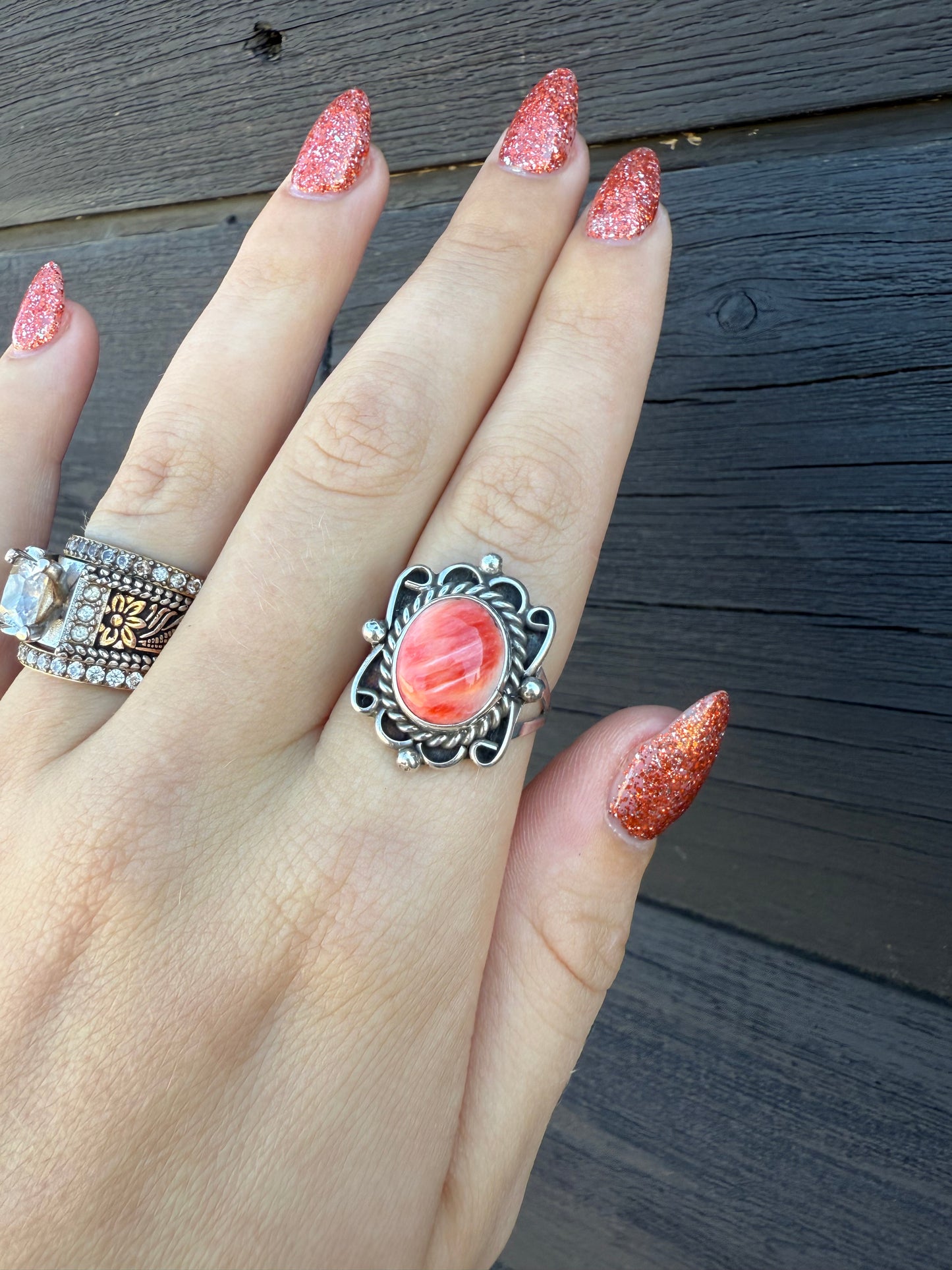 Size 8 Red Spiny & Sterling Silver Ring
