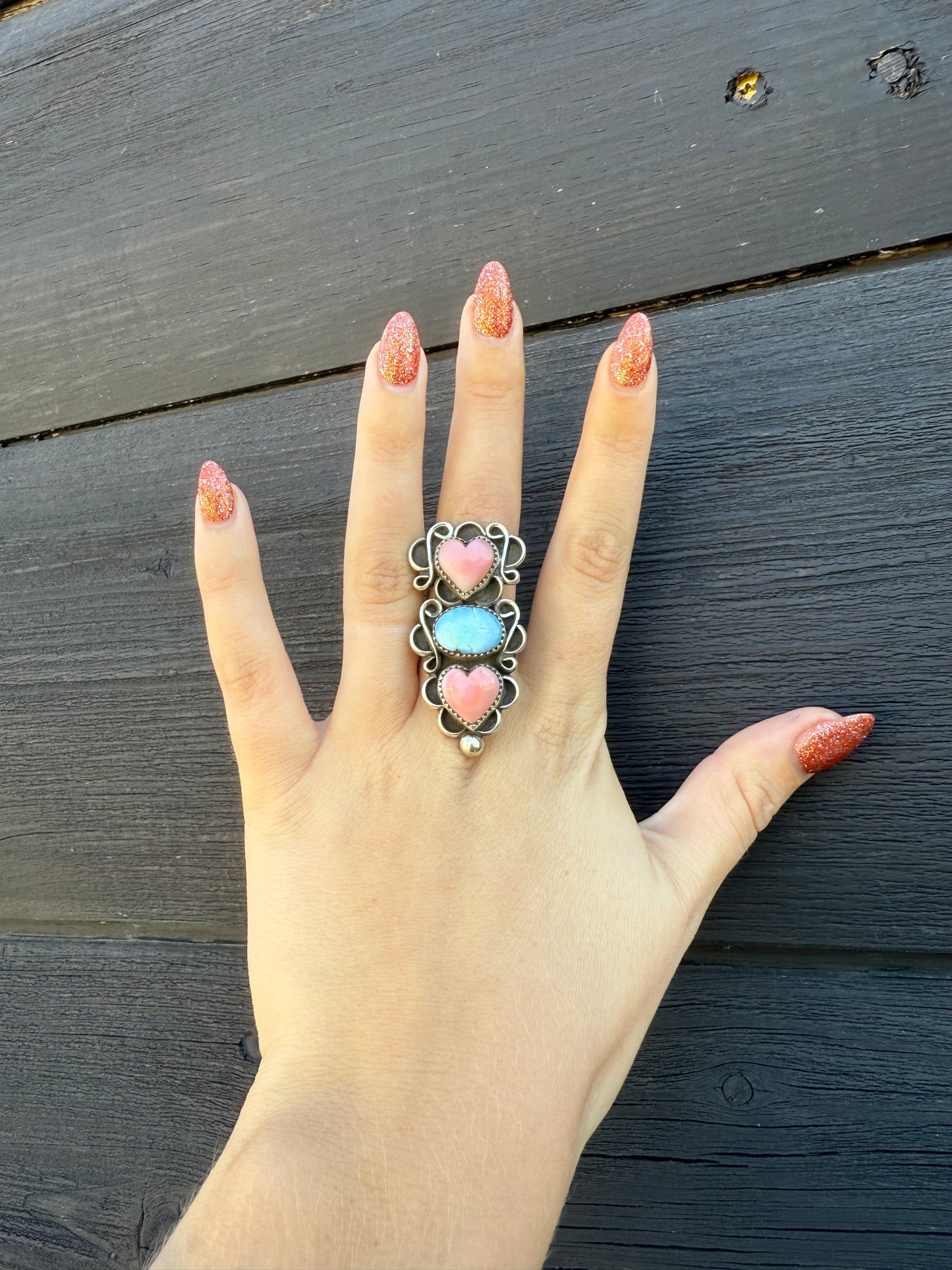 T Nez Sr Adjustable Pink Conch and Golden Hills Ring