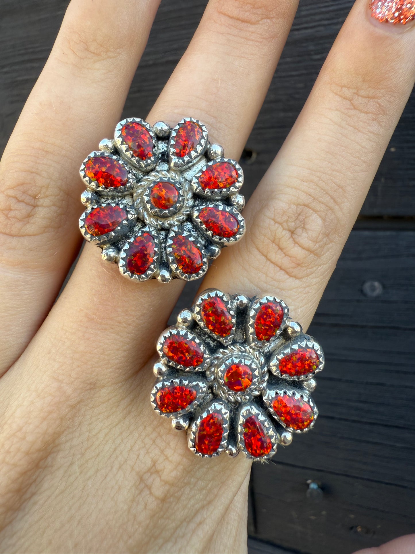 Nicole Yazzie Adjustable Red Opal Cluster Rings