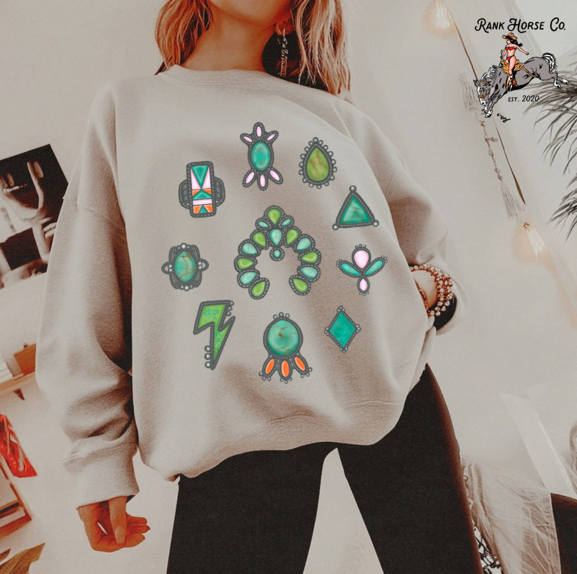 Turquoise Collage Crewneck