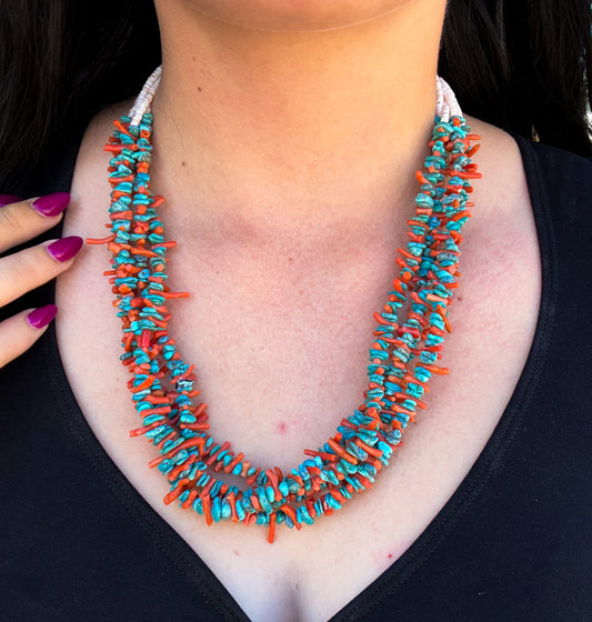 Four Strand Coral and Turquoise Necklace