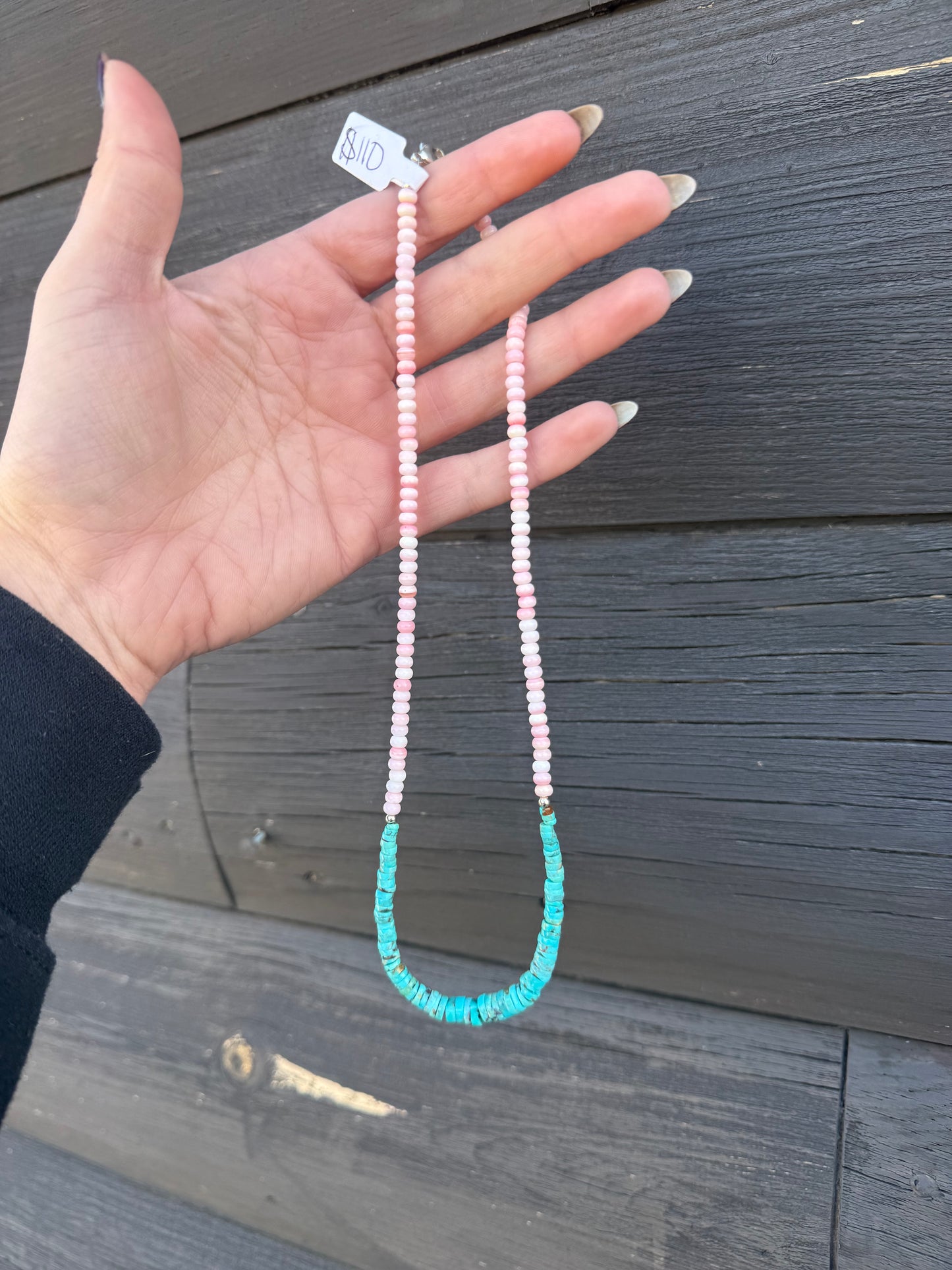 18” Pink Conch and Kingman Turquoise Stacker Necklace
