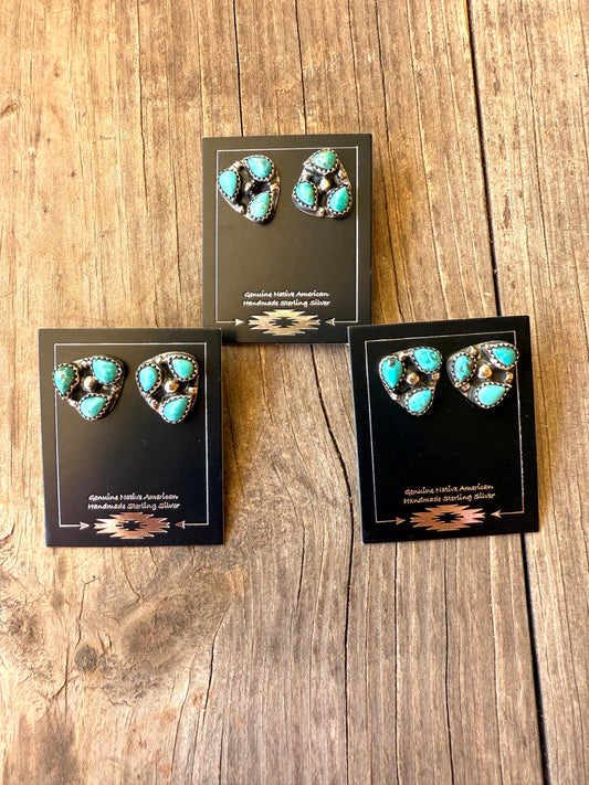 Christina Yazzie Triple Stone Turquoise and Sterling Silver Studs