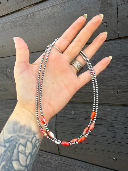 14” + 2” Extender Red Spiny Oyster + Sterling Silver Pearl Stacker Necklace