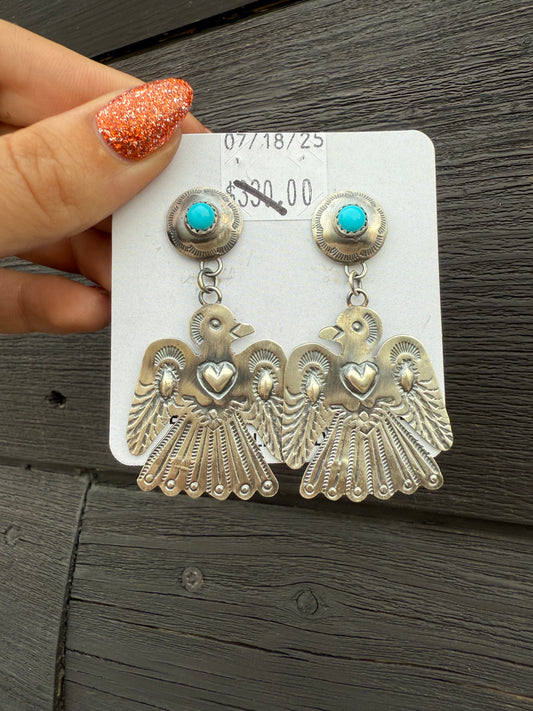 Turquoise and Sterling Silver Thunderbird Dangles