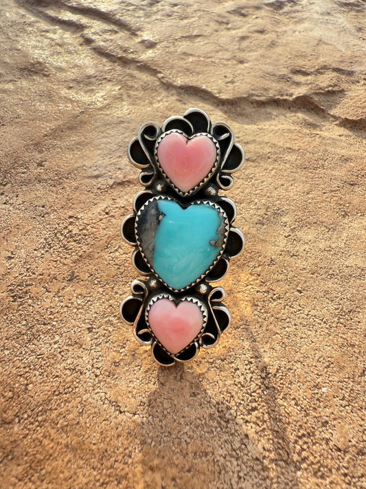 Adjustable Kingman & Pink Conch Heart Ring