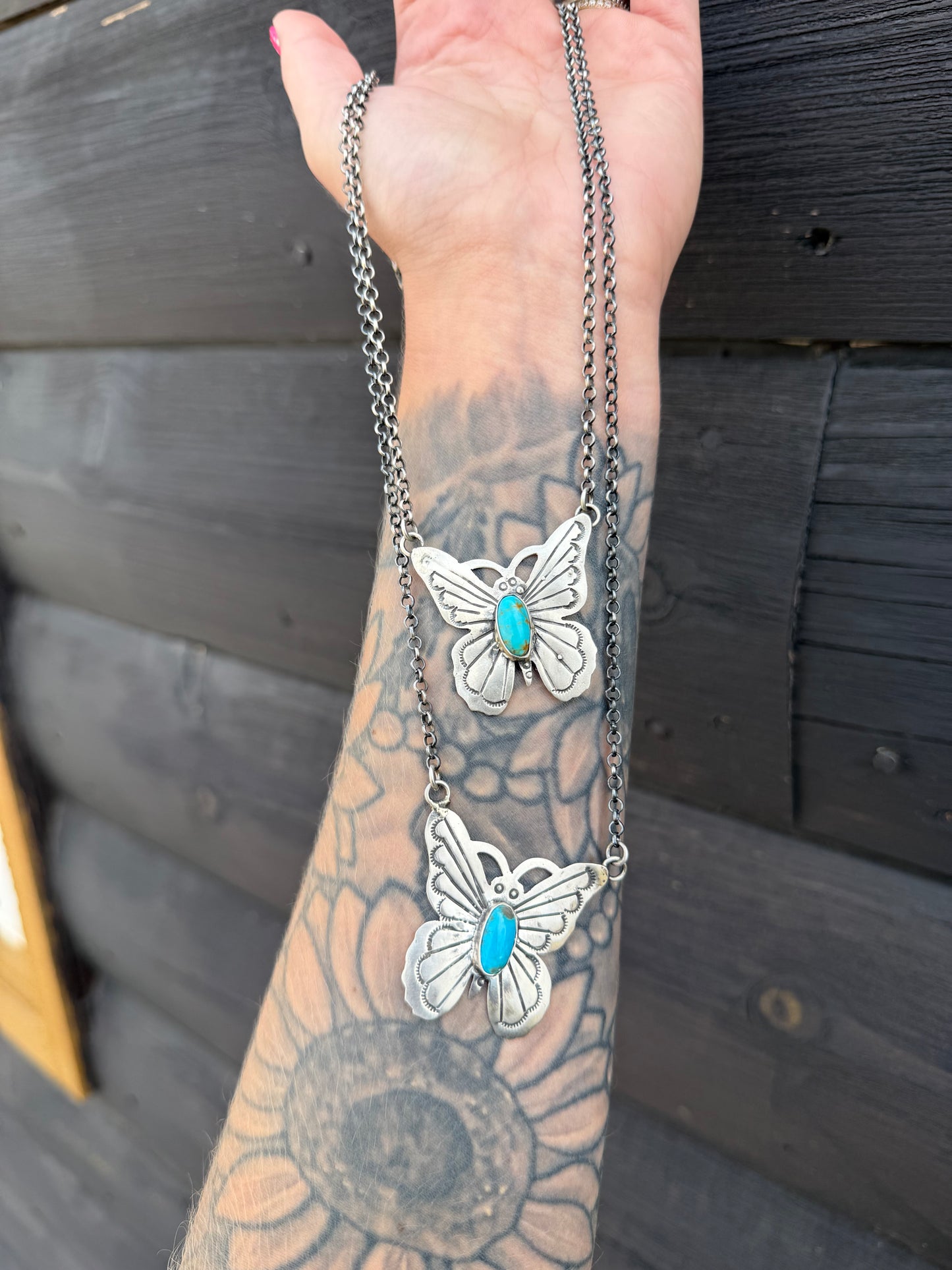 18” Native Made Sterling Silver & Kingman Butterfly Necklaces