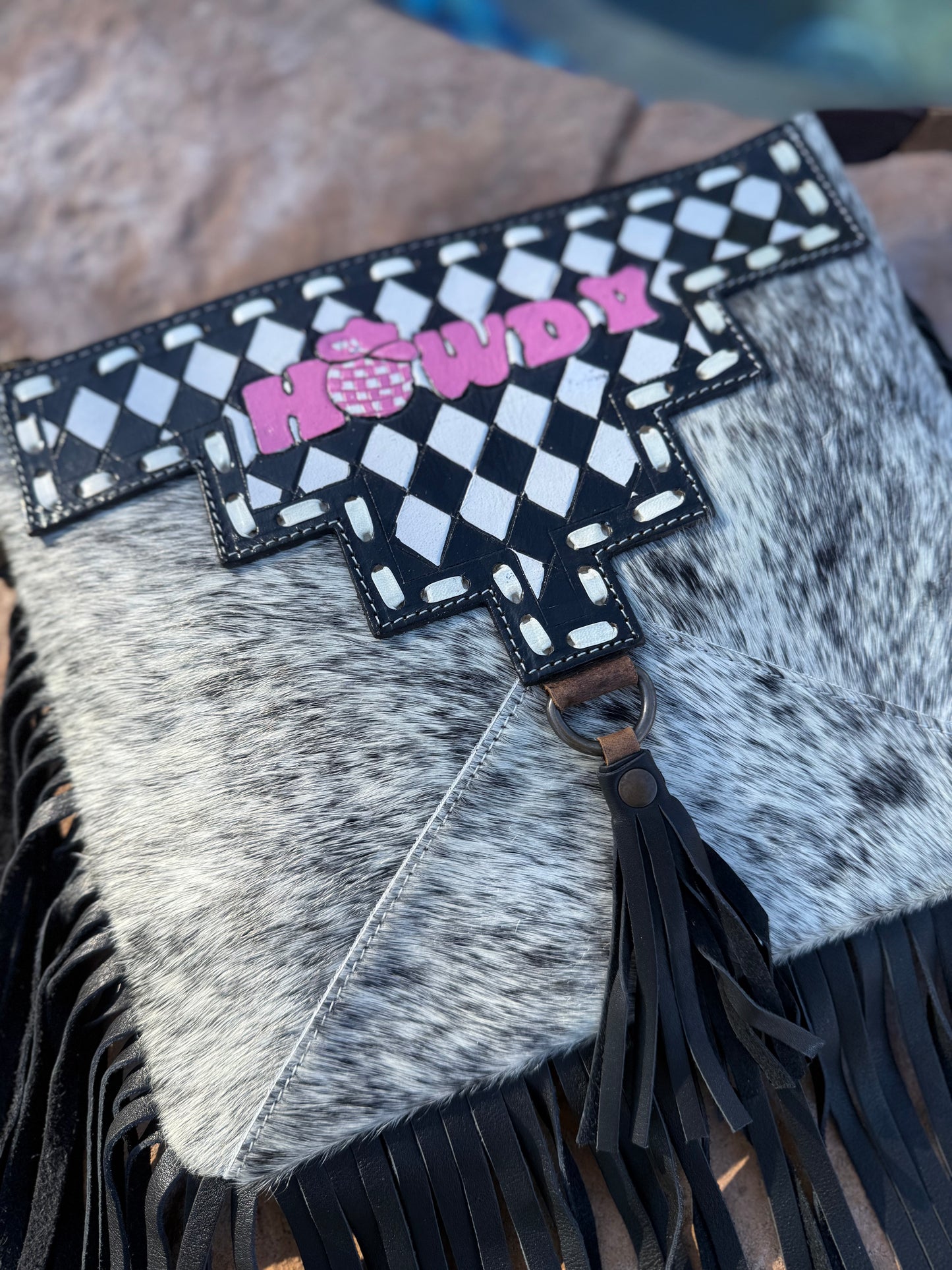 Checkered Howdy Leather and Cowhide Crossbody Purse
