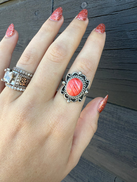 Size 8 Red Spiny & Sterling Silver Ring