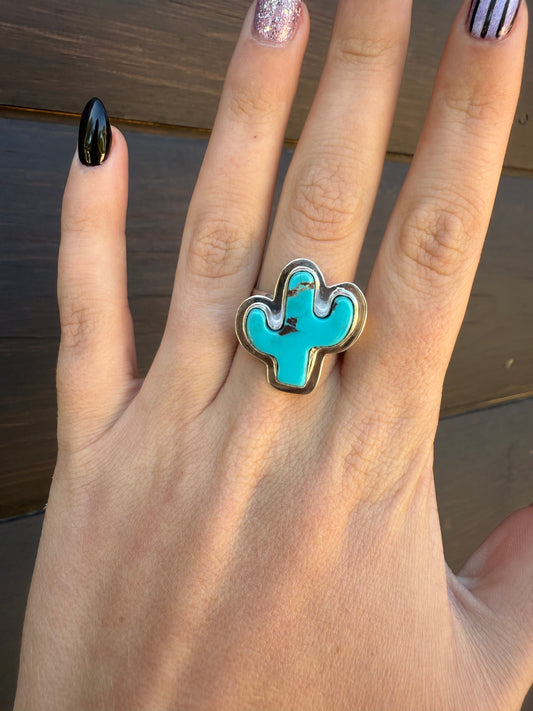 Adjustable Turquoise & Sterling Silver Cactus Ring