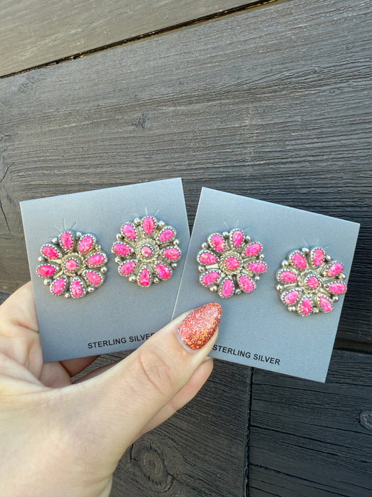 Nicole Yazzie Hot Pink Opal Cluster Studs