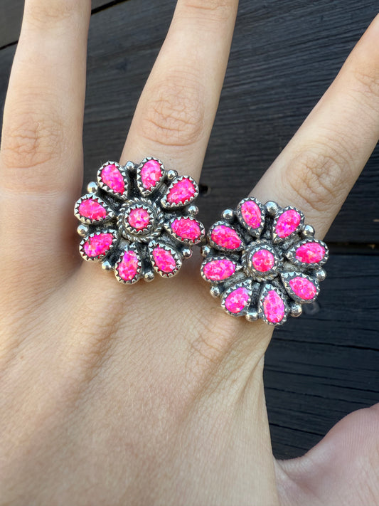 Nicole Yazzie Adjustable Hot Pink Opal Cluster Rings