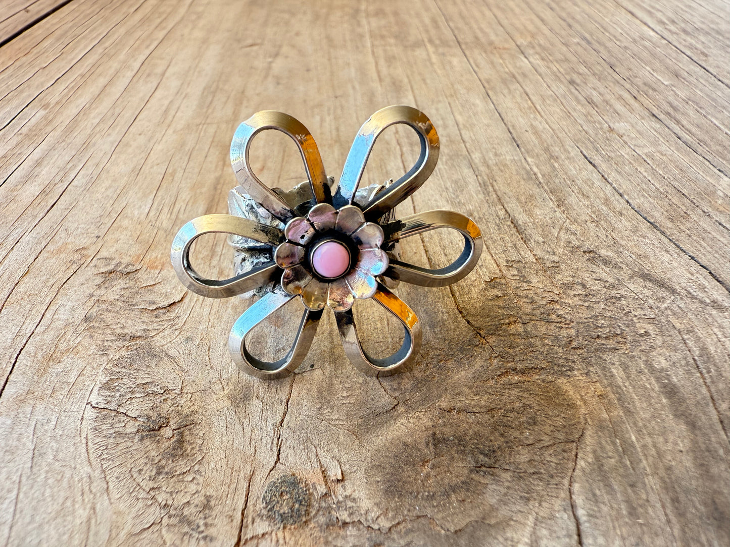 Christina Yazzie Pink Conch Adjustable Flower Ring