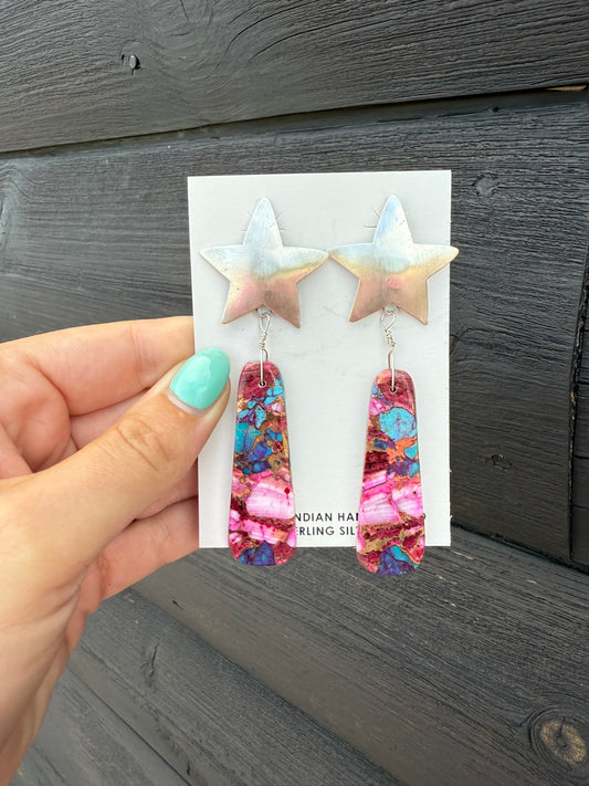 Stamped J - Pink Dahlia Star Slab Dangles