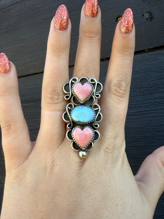 T Nez Sr Adjustable Pink Conch and Golden Hills Ring