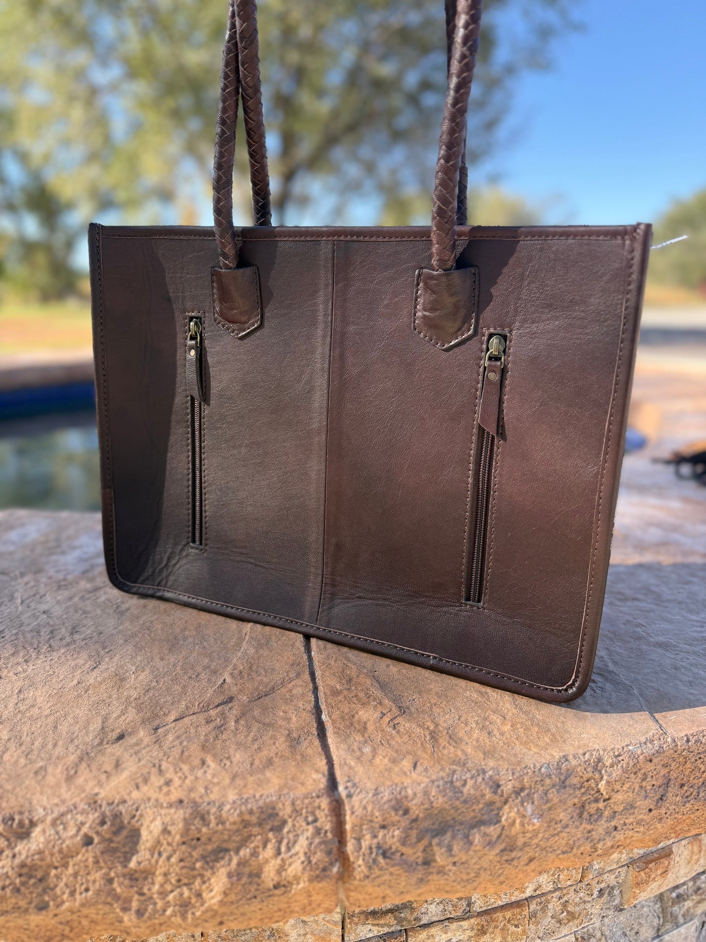 Tan and White Cowhide with Checkered Leather Tote Purse