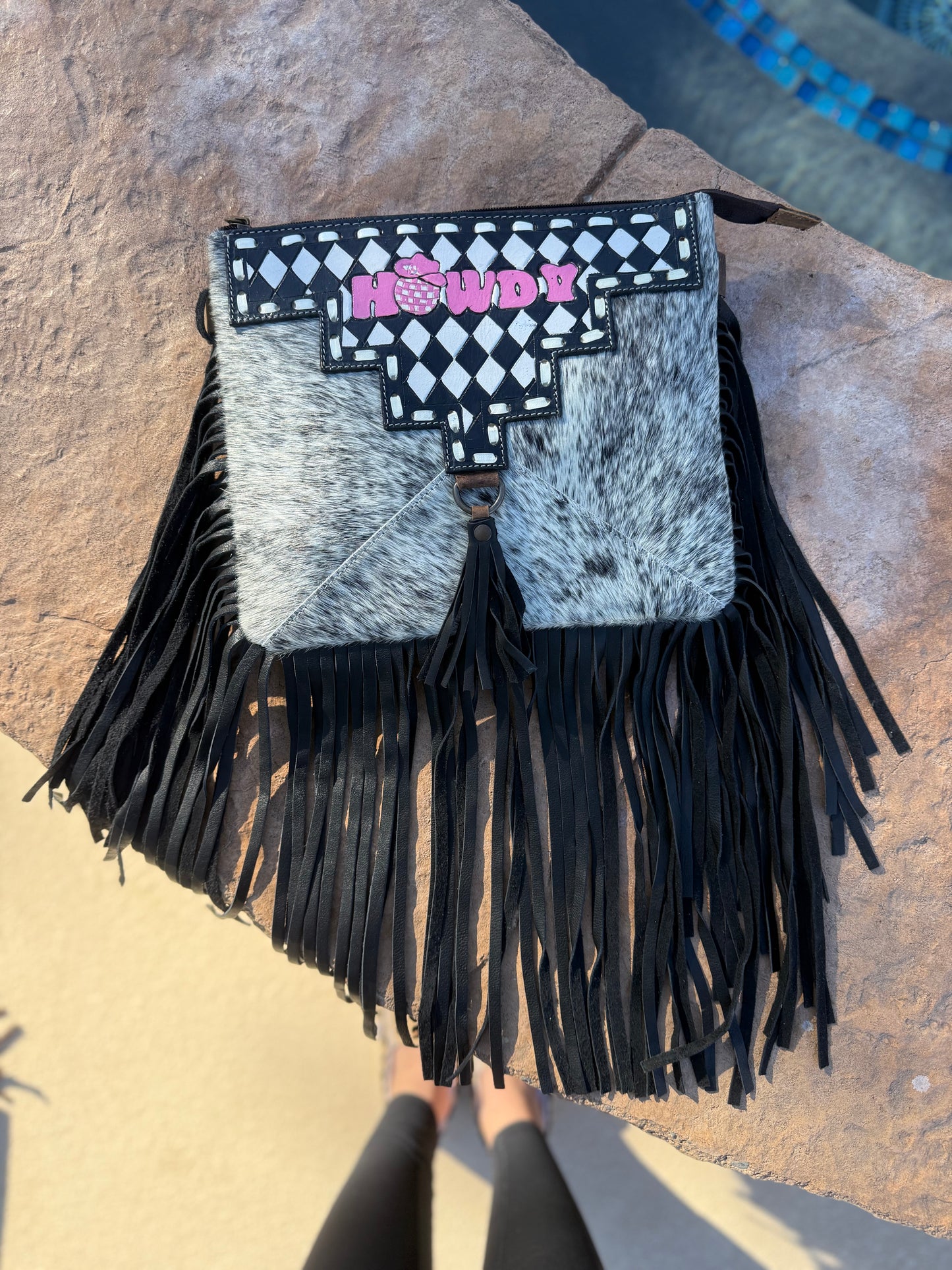 Checkered Howdy Leather and Cowhide Crossbody Purse