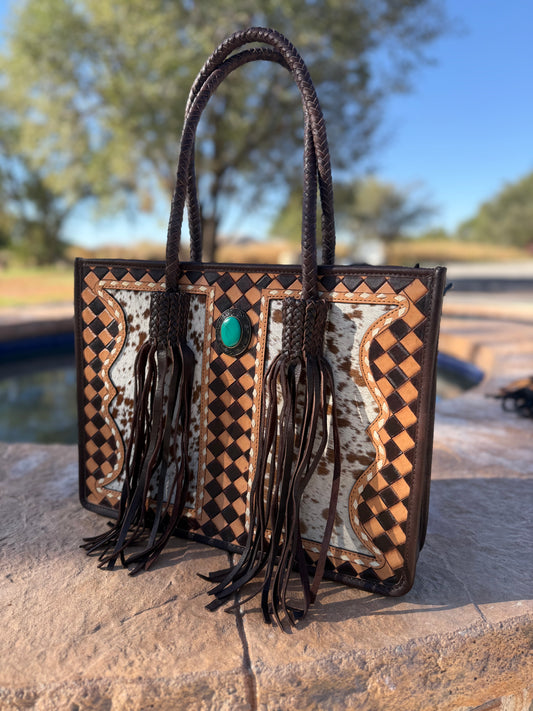 Tan and White Cowhide with Checkered Leather Tote Purse