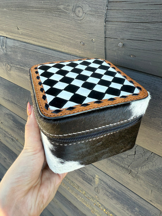 Black & White Cowhide with Tooled Leather Checker Print