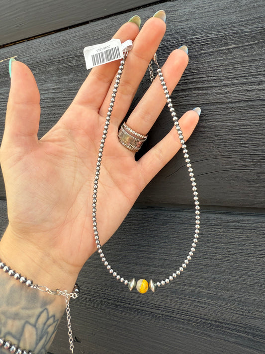 14” 3mm Sterling Silver Bead & Bumblebee Jasper Necklace