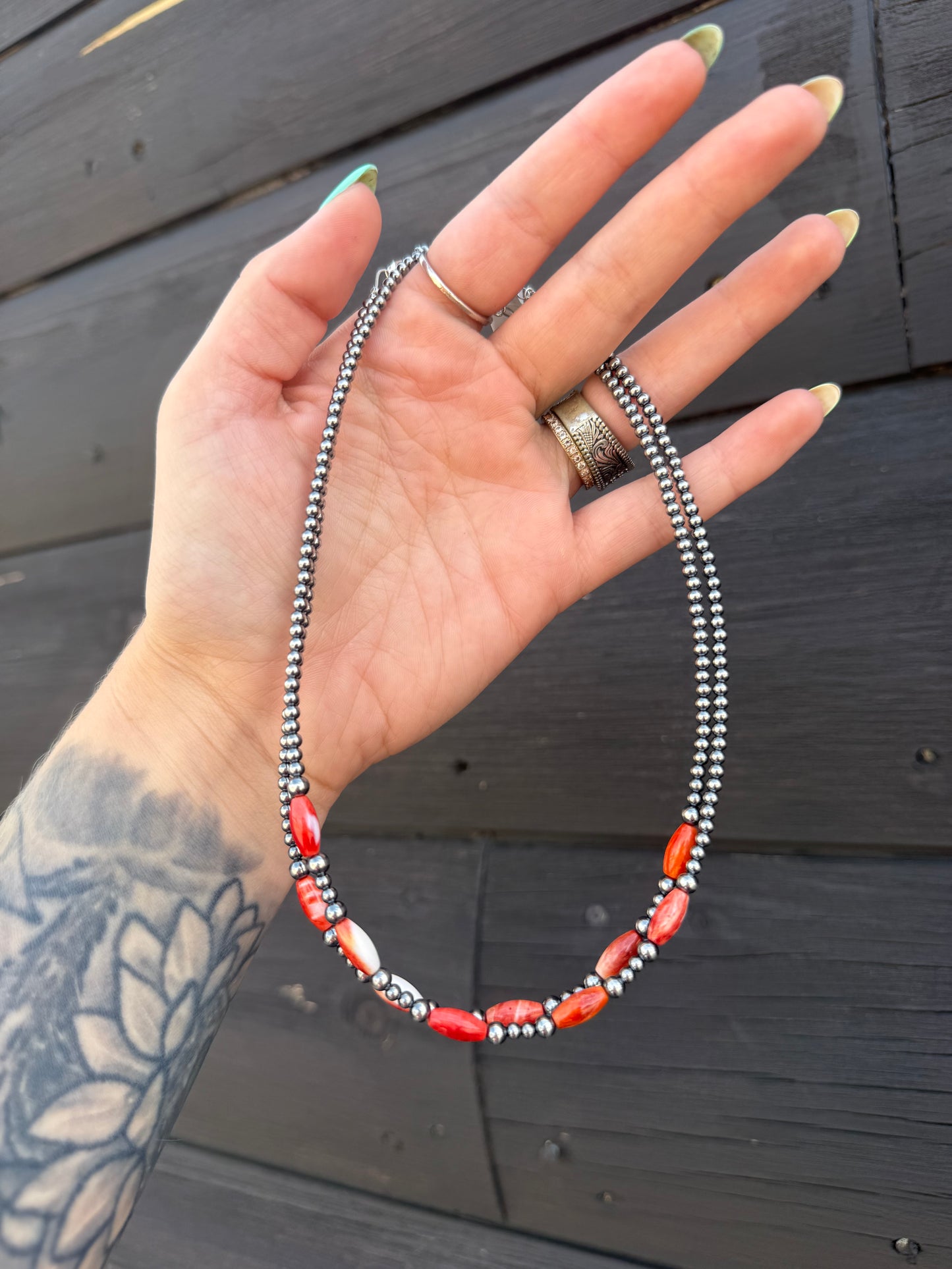 14” + 2” Extender Red Spiny Oyster + Sterling Silver Pearl Stacker Necklace