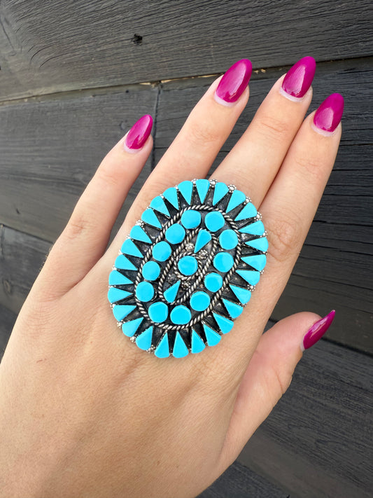 Size 8 Zuni Made Sterling Silver & Block Turquoise Ring