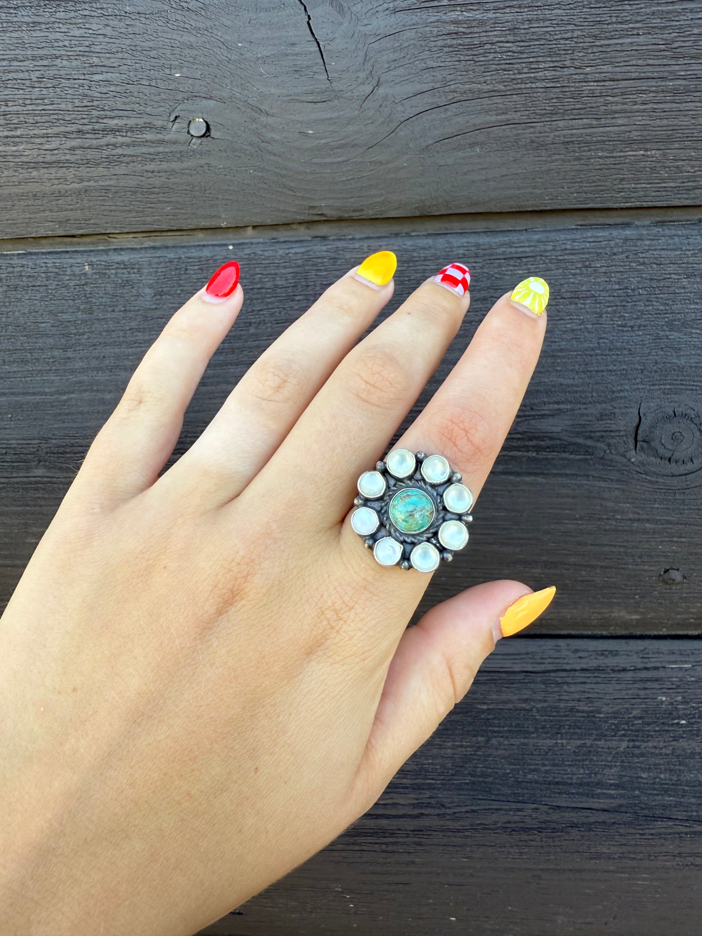 Adjustable Mother of Pearl & Kingman Cluster Ring