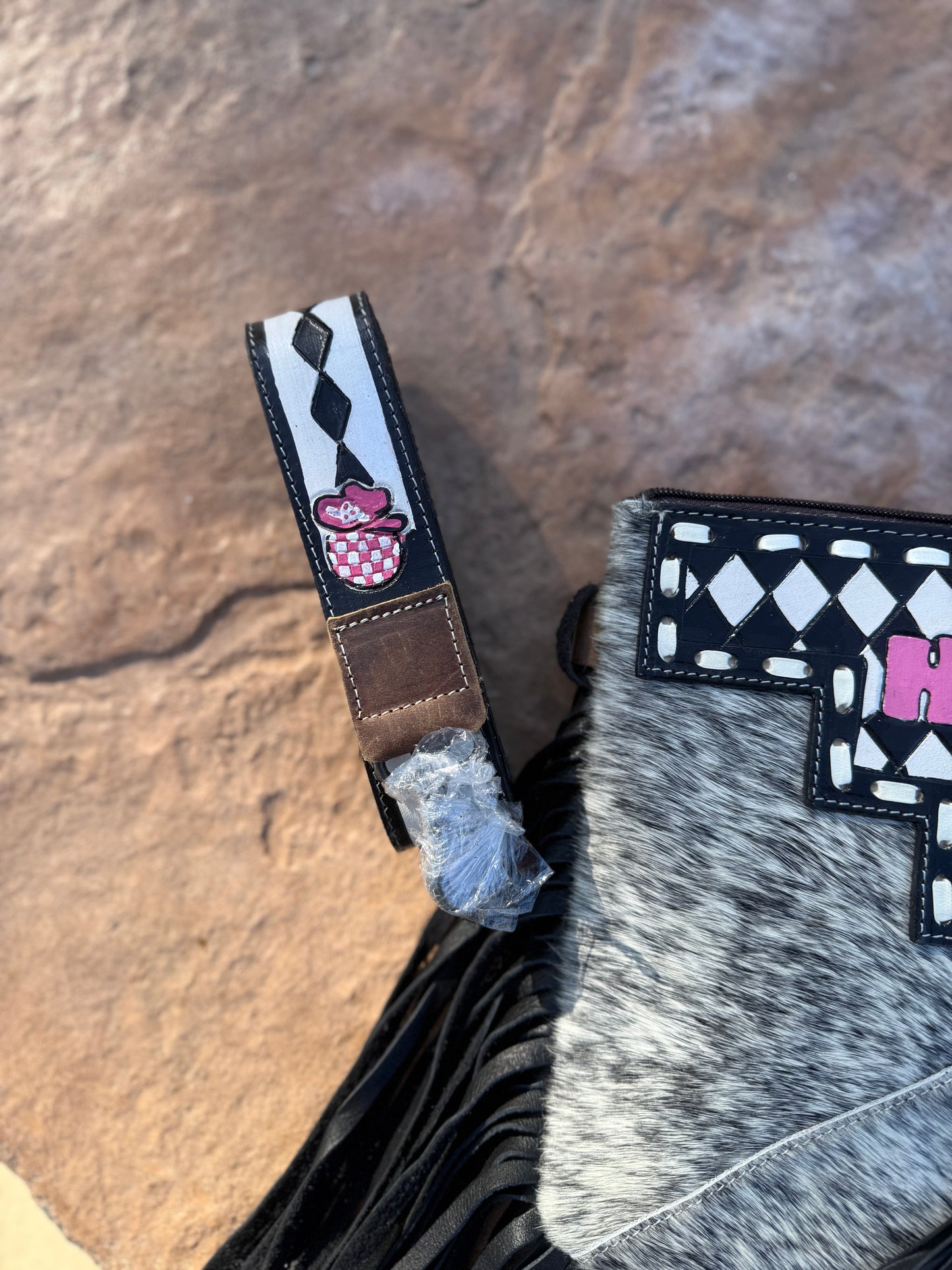 Checkered Howdy Leather and Cowhide Crossbody Purse