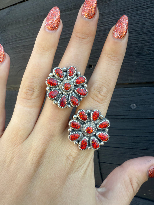 Nicole Yazzie Adjustable Red Opal Cluster Rings