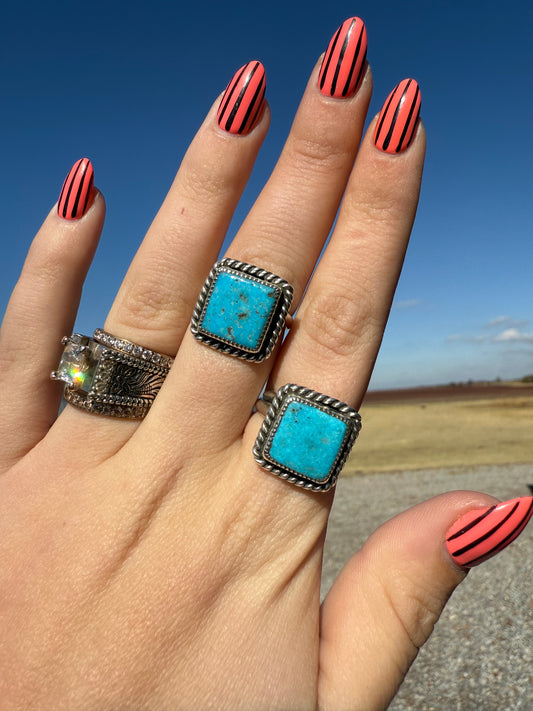 Carlo Lonjose Adjustable Kingman and Sterling Silver Square Rings