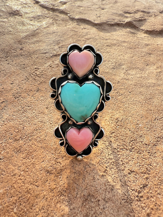 Adjustable Kingman & Pink Conch Heart Ring